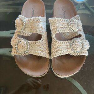 Forever 21 Women's Cream Embellished Sandals with Rhinestone Buckles